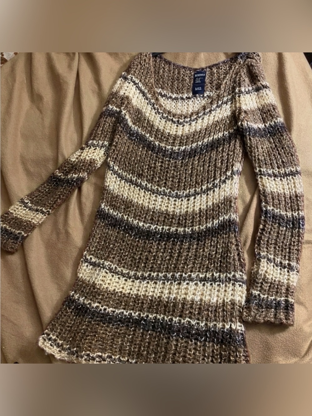 Bershka Oversized Wool Knit Sweater Dress Brown Striped Size M